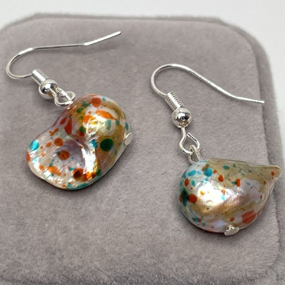 Silver Plated Unique Confetti Dyed Baroque Pearl Dangle Earrings Boho Cute